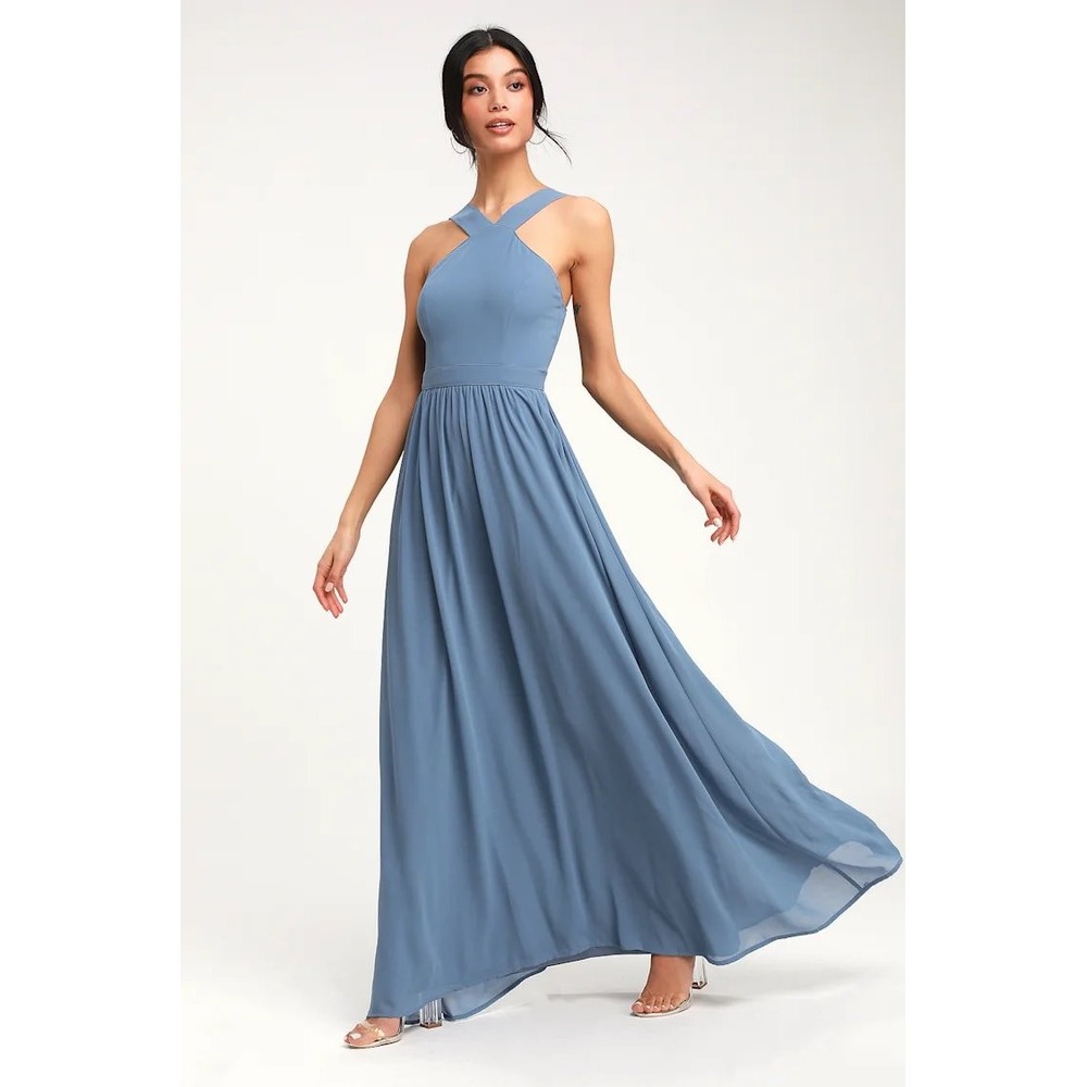 Lulus Air of Romance Maxi Dress Women Size S Blue Halter Chiffon Gown